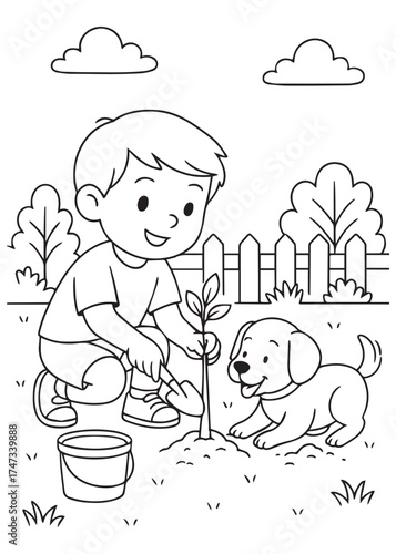 coloring book boy planting tree with dog in garden, outdoor eco activity illustration