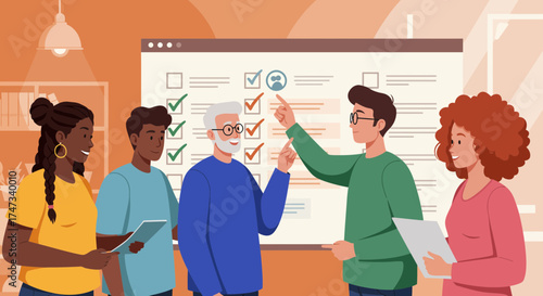 Diverse group of people collaborating around a large checklist board.