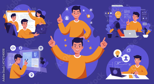 Man with multiple ideas and creative thinking processes.