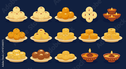 Sweet snacks arranged on plates and lights