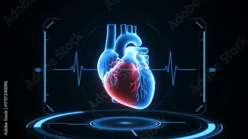 Medical Visualization of a Human Heart with EKG Display on Screen.