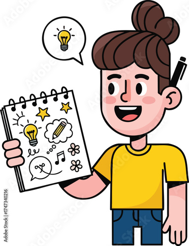 Cartoon girl with creative ideas holding a sketchbook full of doodles.