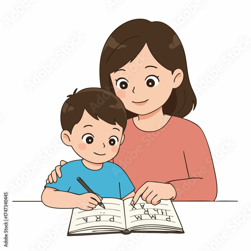 Cute Cartoon Mother Helping Son with Homeschooling Education Illustration