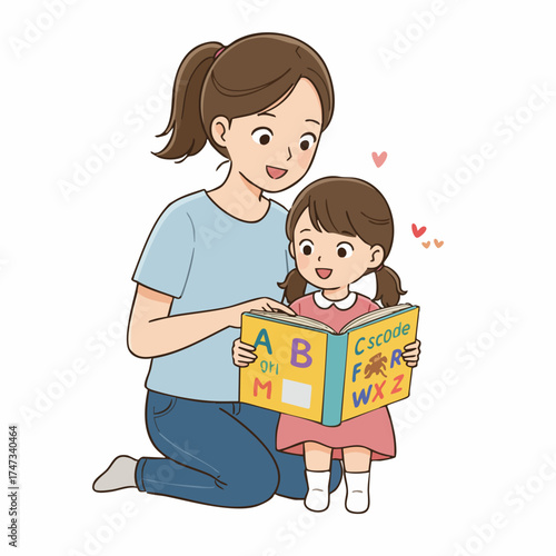 Charming Handdrawn Mother and Daughter Reading Story Book Illustration