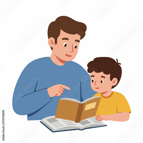 Cartoon Style Father Reading Book to Son Education Illustration