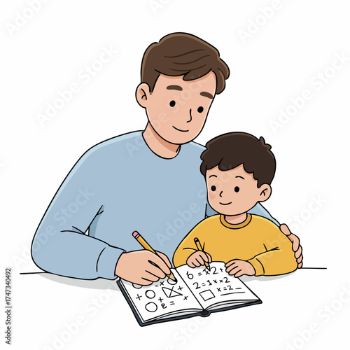 Flat Illustration Father Teaching Math to Son Home Education Moment