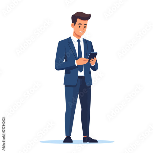 Confident businessman in blue suit holding two smartphones, multitasking and managing work communication. Modern digital concept of business, connection, and productivity illustration.