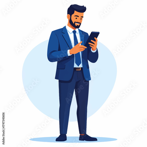 Confident businessman in blue suit holding two smartphones, multitasking and managing work communication. Modern digital concept of business, connection, and productivity illustration.
