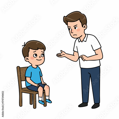 Cartoon Illustration of Father Scolding His Son About Lost Coin