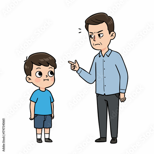 Cartoon Angry Father Scolding His Disobedient Son Character Illustration