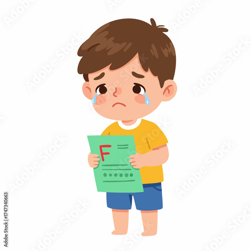 Cartoon Upset Young Boy Holding Failed Test Paper Illustration