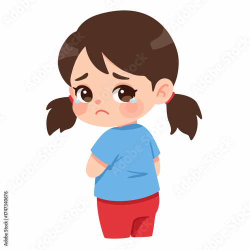 Cute Cartoon Style Upset Little Girl Character with Tears Illustration
