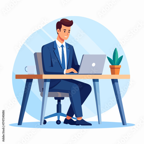 An illustration of a successful young businessman in a blue suit working cheerfully at his office computer