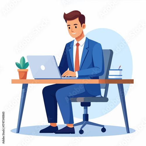 An illustration of a successful young businessman in a blue suit working cheerfully at his office computer
