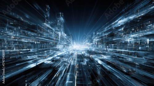 Wallpaper Mural Futuristic Cityscape with High-Speed Light Trails and Digital Architecture in a Dark Night Background Torontodigital.ca