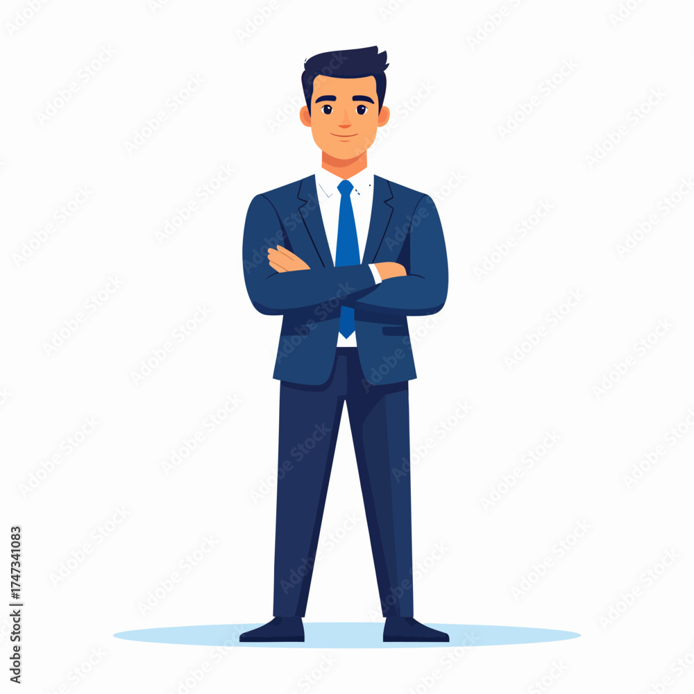 Obraz premium Smiling young businessman in navy suit with red tie standing confidently flat design vector illustration