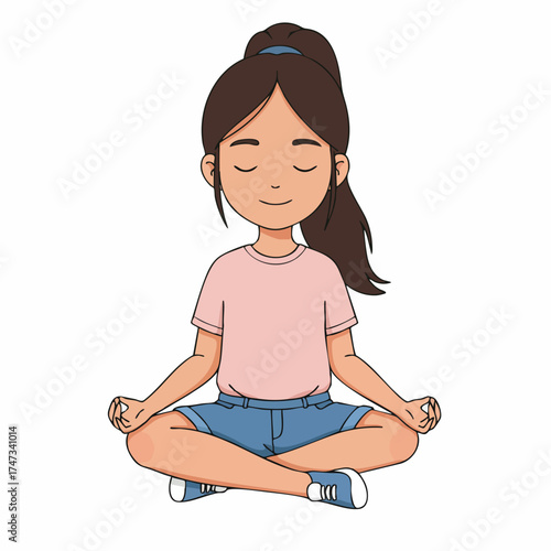 Cute Cartoon Girl in Lotus Position Meditating for Inner Peace