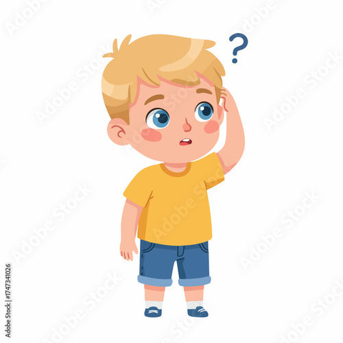 Cartoon Curious Little Boy Scratching Head with Question Mark Illustration