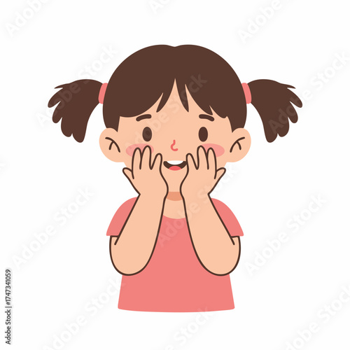Cartoon Style Cheerful Girl with Pigtails Touching Her Face Illustration