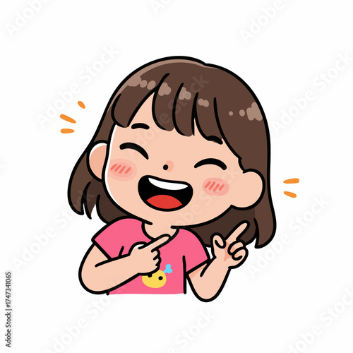 Cute Cartoon Smiling Girl Character with Pointing Fingers Illustration