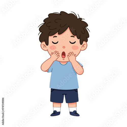 Cartoon Style Adorable Boy Yawning With Closed Eyes Child Illustration