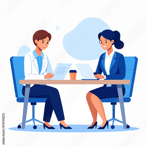 Partners meeting for business discussion with documents and laptop on desk. Couple at round table, speaking, discussing work, partnership. Flat vector illustration isolated on white background 