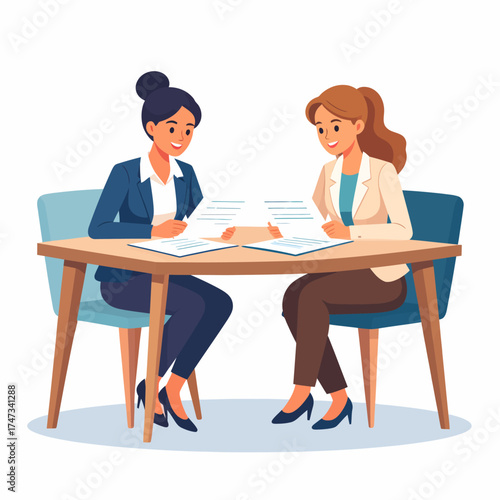 Partners meeting for business discussion with documents and laptop on desk. Couple at round table, speaking, discussing work, partnership. Flat vector illustration isolated on white background 