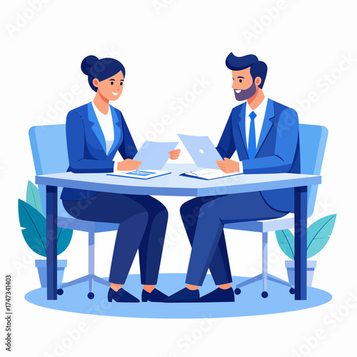 Partners meeting for business discussion with documents and laptop on desk. Couple at round table, speaking, discussing work, partnership. Flat vector illustration isolated on white background 