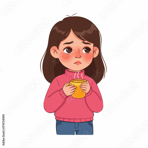 Cute Cartoon Style Little Girl Drinking Hot Beverage Illustration