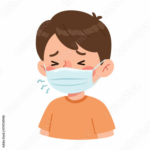 Cartoon Style Unwell Boy Wearing Face Mask Sickness Illustration