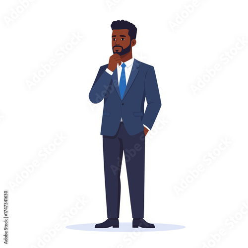 A sharply dressed individual, lost in deep thought, thoughtfully touches his chin, capturing a moment of strategic pondering.