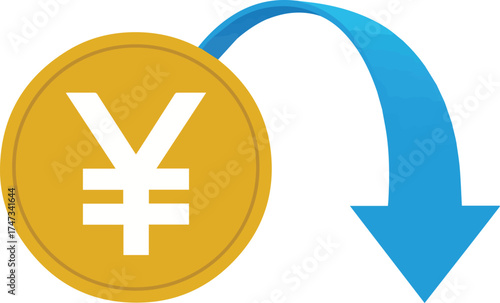 Vector art of yen coin with downward arrow for loss concept