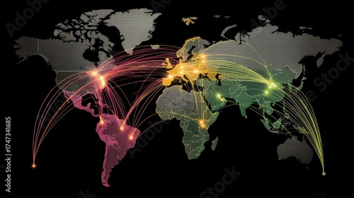 Colorful World Map with Data Connections Representing Global Network and Communication Paths
