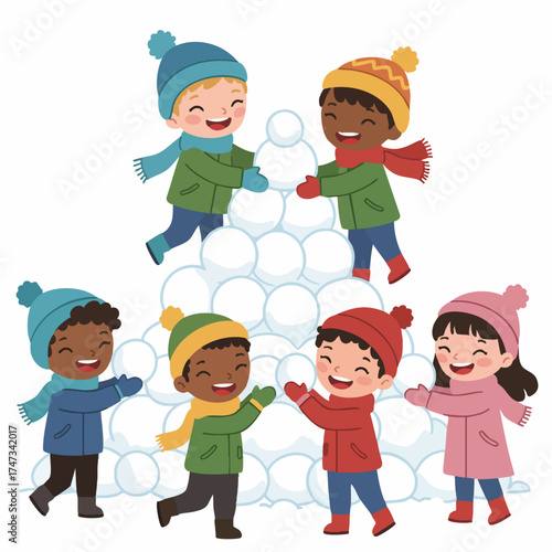 Cute Cartoon Winter Snowball Fight Illustration with Happy Children Characters