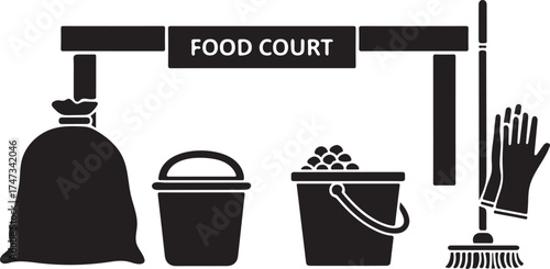 Black and White Food Court Cleaning Equipment and Supplies Illustration for Hygiene and Maintenance in Public Eating Areas Graphic Design