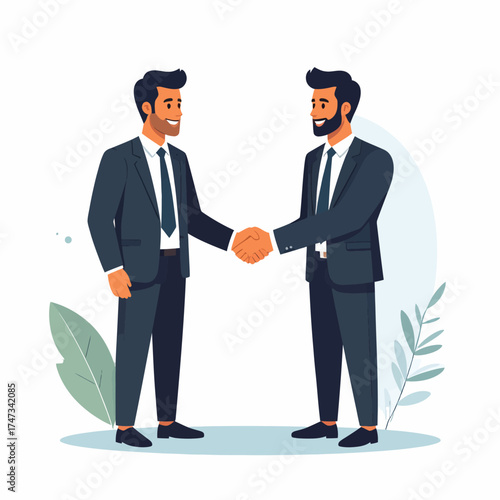 Two businessmen shaking hands agreement, flat style vector symbol of deal, partnership, and trust