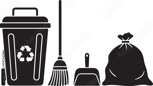 Black and white illustration of cleaning equipment including a trash can broom dustpan and tied trash bag ideal for environmental and sanitation themes