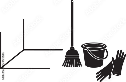 Black and White Illustration of Cleaning Supplies Broom Bucket Gloves and Corner Depicting Cleanliness Hygiene and Home Care for Online Resources