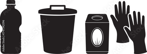 Black and White Silhouette of Recycling Objects Promoting Environmental Consciousness and Responsible Waste Management Initiatives Showing a Plastic Bottle Trash Can Recycling Bin and Gloves