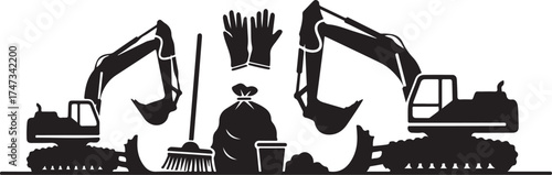 Construction site clean up design with excavators broom gloves trash bag and bucket representing waste management and environmental responsibility in a modern urban environment