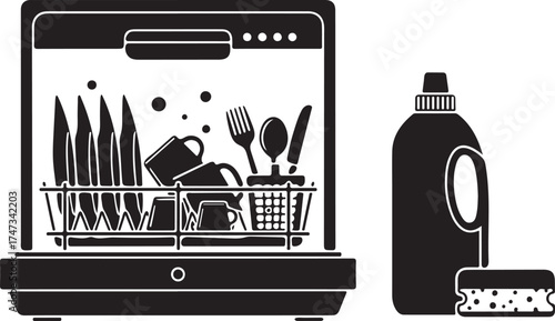 Dishwasher icon with clean dishes cutlery and washing up liquid showcasing efficient cleaning and kitchen appliance design for household chores and hygiene