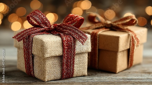 Two wrapped gifts with ribbons on a wooden surface with bokeh lights.