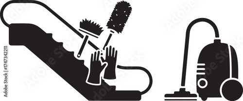 Escalator Cleaning Icon Depicting Professional Maintenance with Vacuum Duster and Gloves for Hygiene and Safety Assurance in Public Spaces