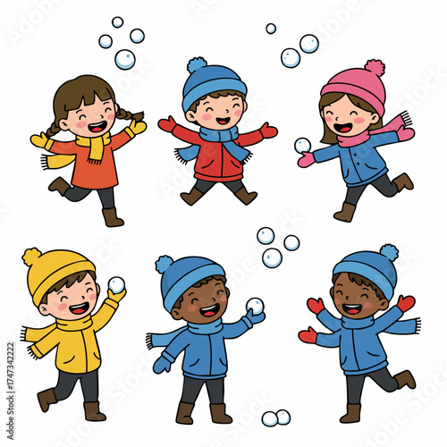 Cartoon Style Group Children Throwing Snowballs Having Fun Illustration