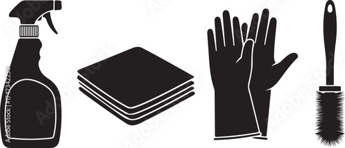 Essential Cleaning Supplies for a Spotless Home featuring Spray Bottle Cloths Gloves and Brush in Minimalist Black and White Style