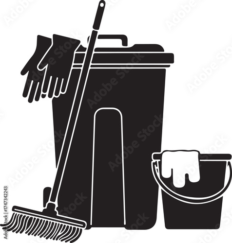 Essential cleaning supplies silhouette depicting a mop bucket gloves and broom representing cleanliness hygiene and the tools necessary for maintaining a tidy environment