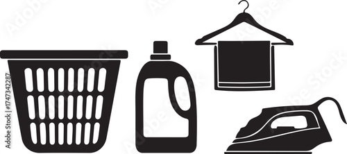 Laundry Day Essentials Modern Black and White Icon Set for Home Care and Cleanliness Promotion Including Laundry Basket Detergent Iron and Hanger with Towel