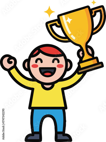 Happy cartoon boy celebrating a major victory with a golden trophy.