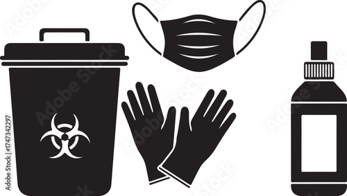 Medical Waste Management and Personal Protective Equipment Black and White Vector Illustration including Face Mask Gloves and Disinfectant for Healthcare Workers and Safety Protocols