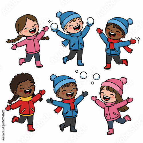 Cartoon Cheerful Kids Playing with Snowballs During Winter Holiday Illustration
